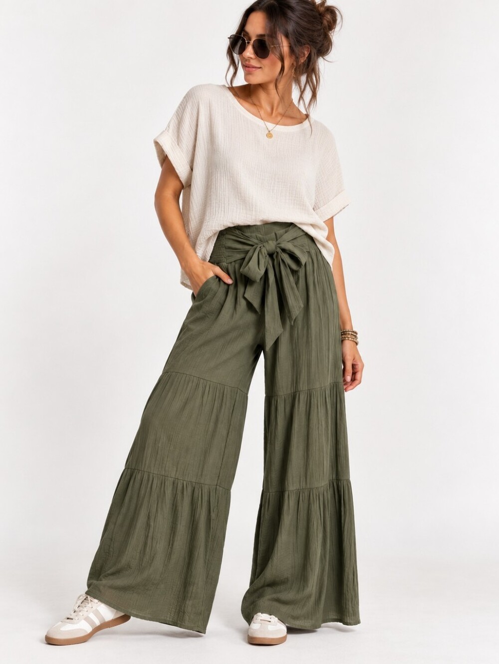 Nanette Lepore Olive Green Tie Front Wide Leg Tiered Pants Size M